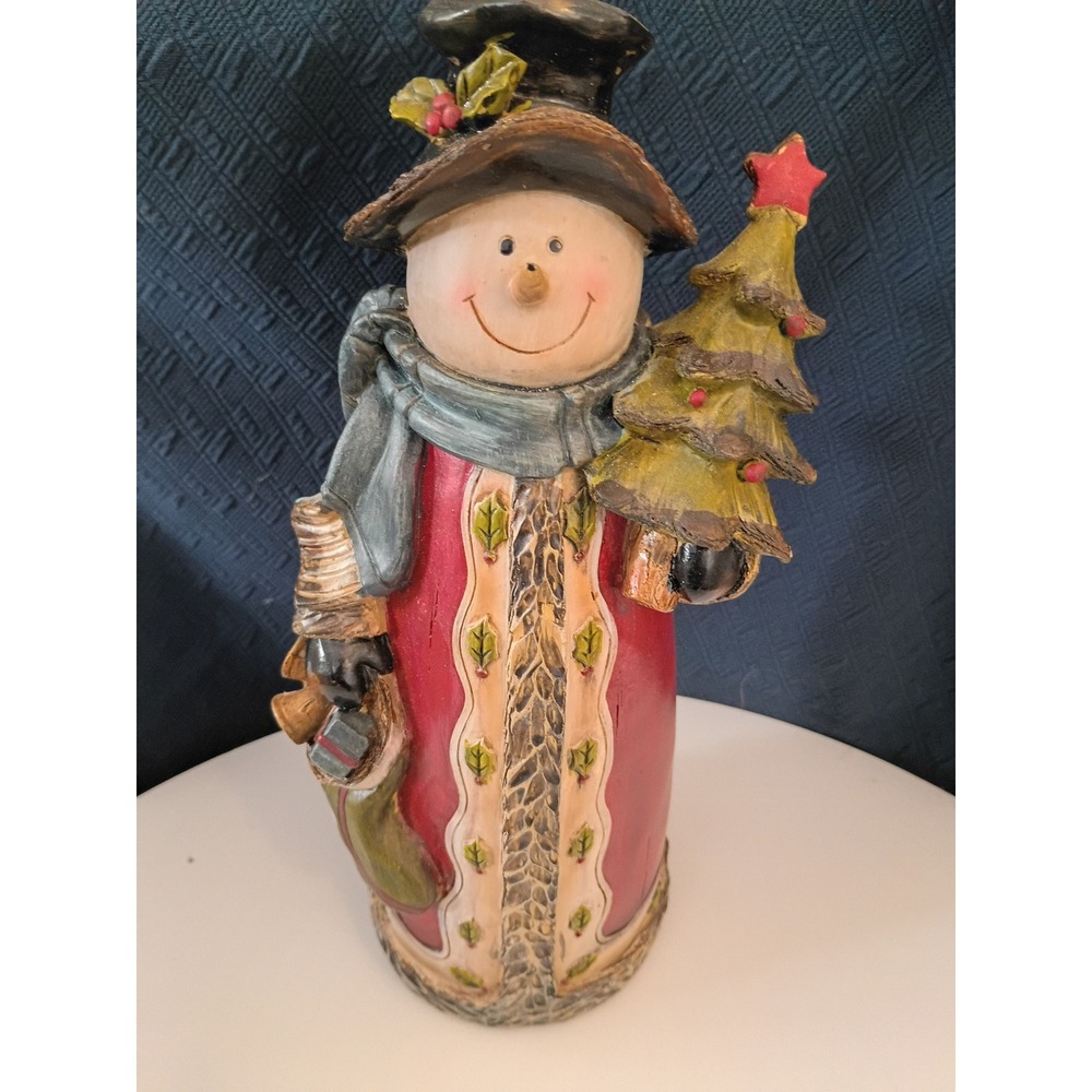 Rustic Christmas Snowman Figurine Holding Tree and Bells Holiday Decor Resin